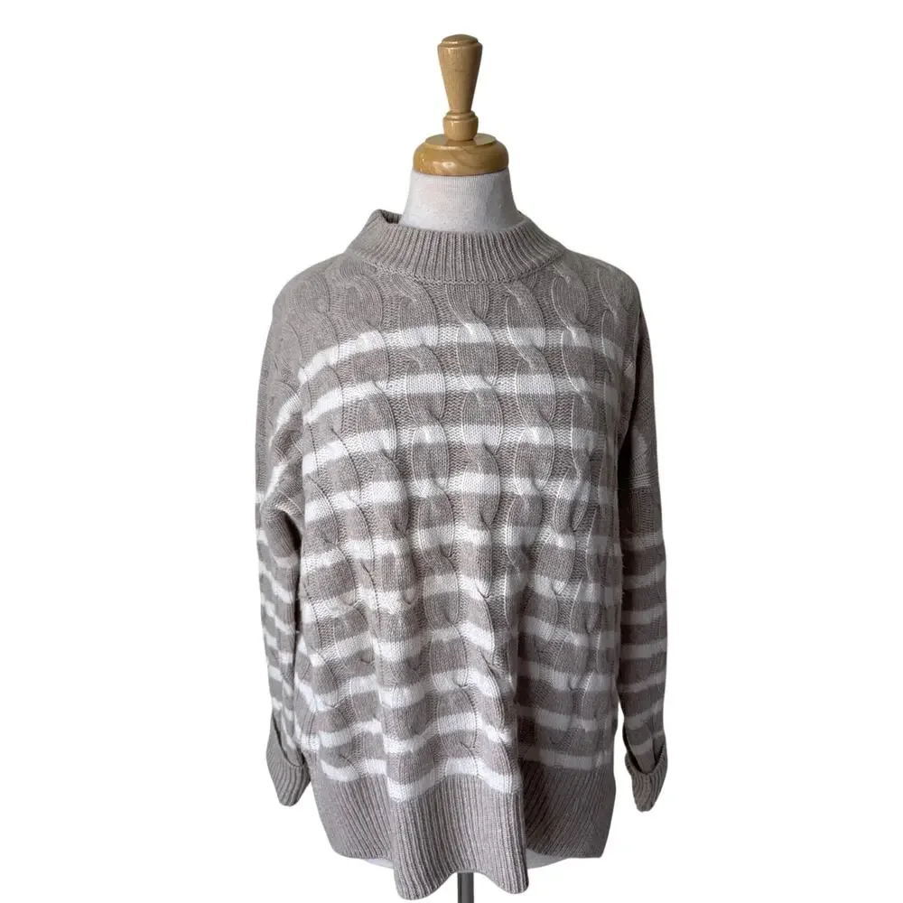 LA LIGNE Wool Cashmere Striped Cable Knit Crewneck Sweater Tan Cream Size Medium